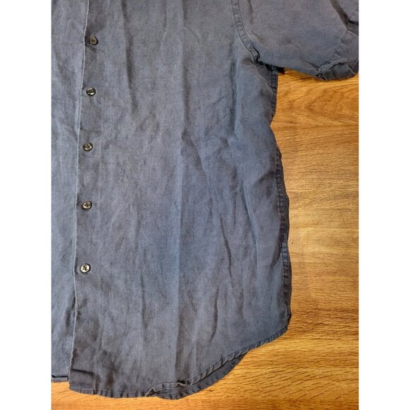 Perry Ellis Men’s Large 100% Linen Button Up Shirt Short Sleeve Navy Blue - Picture 2 of 6